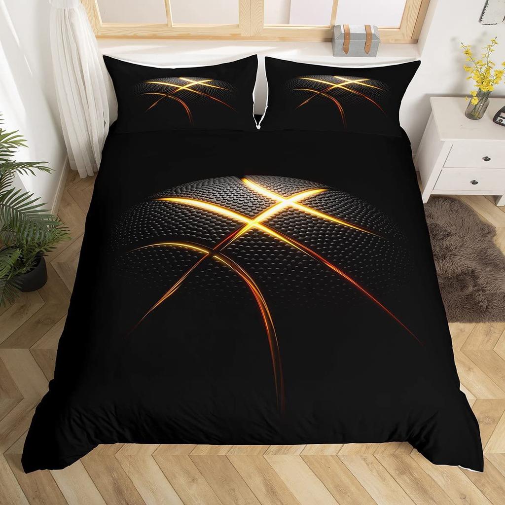 Basketball Comforter Cover Queen Size Sport Dunk Basketball Duvet Covers For Kids Teens, Black Ball Print Bedding Set All Season