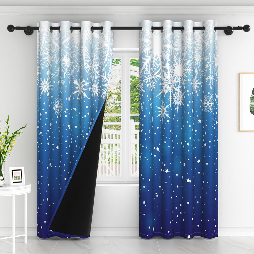 2pcs Dreamy Snow Pattern Blackout Curtains Blue Sky Winter Snow Scenery Curtains For Bedroom Simple Style Home Interior Curtains