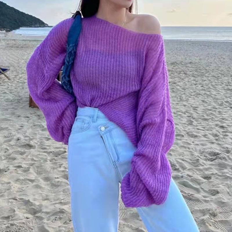 Womens Minimalist Crochet Knit Top Spring Shoulder Cutout Loose Fit Versatile Blouse