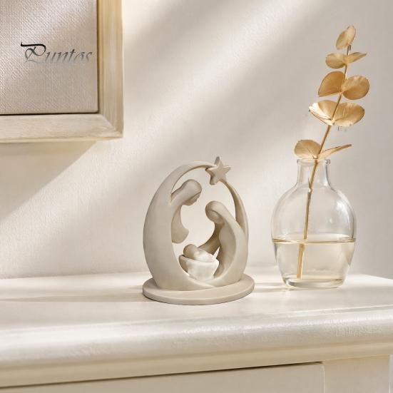 Fireplace Christmas Decor 3D Printed Holy Family Ornament, Abstract Crescent Sculpture with Matte White Home Ornament Star, Religious Desktop