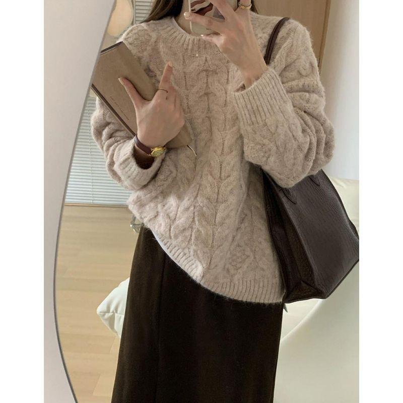 Autumn and winter twist pullover crew neck sweater women's soft waxy lazy wind loose thickened knitted top
