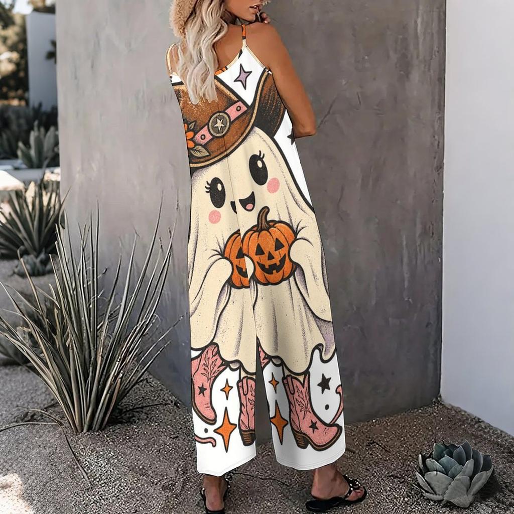 Damen Spaghettiträger Jumpsuit Süße Schwarze Katze Hexenhut Kürbis Halloween Print Weite Hosen Mit Taschen