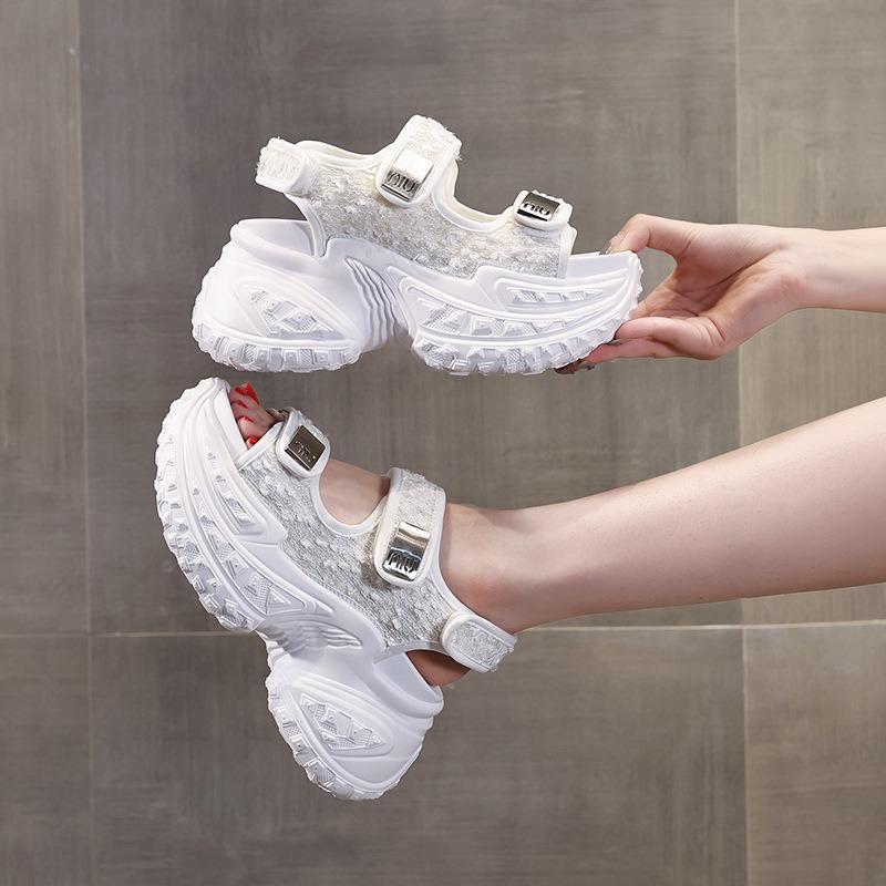 Fashion High quality 8cm Air Mesh Synthetic Genuine Leather Bling Chunky Sneakers 2024 Summer Women Vulcanize Platform Wedge Comfy Shoes