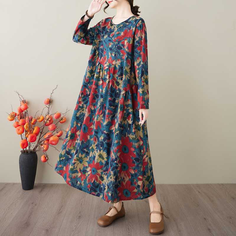 Frühling und Sommer Neuer Stil Retro Baumwolle und Hanf Rundhals Tasche Langarmkleid Damen Locker Dünn A-Linien-Rock