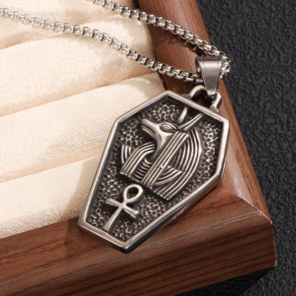 Men's Vintage Anubis Pendant Necklace with Stainless Steel Sarcophagus Design and Long Box Chain