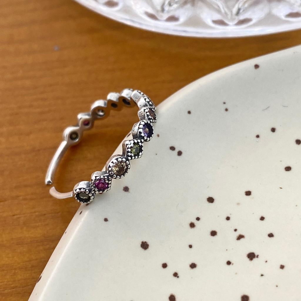 Exquisite S925 Silver Retro Rainbow Zircon Adjustable Ring For Women Stylish And Elegant