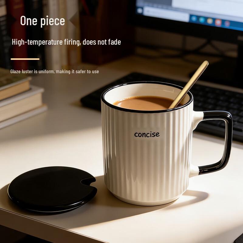 Striped Ceramic Mug with Lid and Spoon