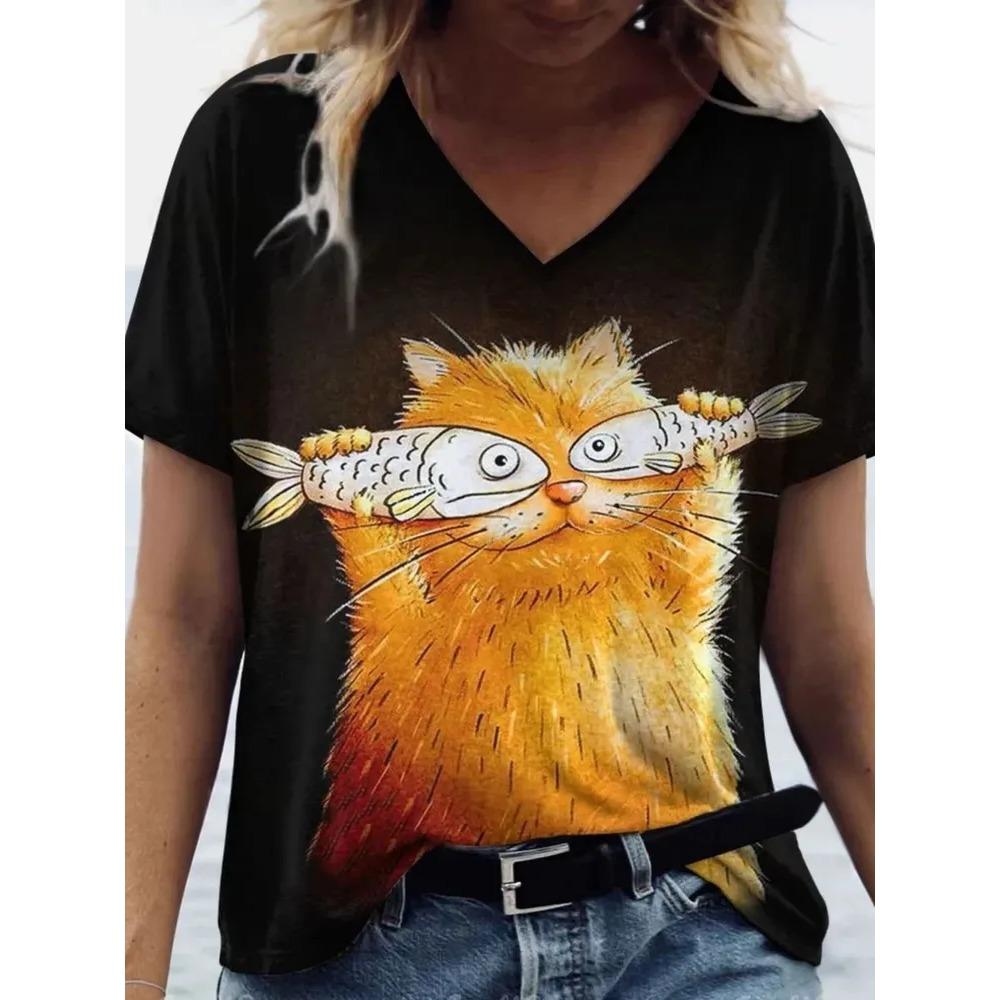 Summer V-neck Funny Cat Pattern 3D Printed Top Fashionable Casual Short Sleeved Women's T-shirts