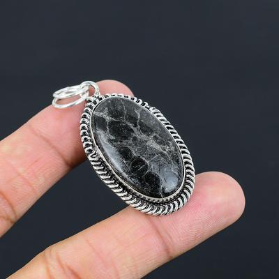 925 Silver Root Chakra Natural Black Fossil Coral Wedding Bezel Pendant Jewelry