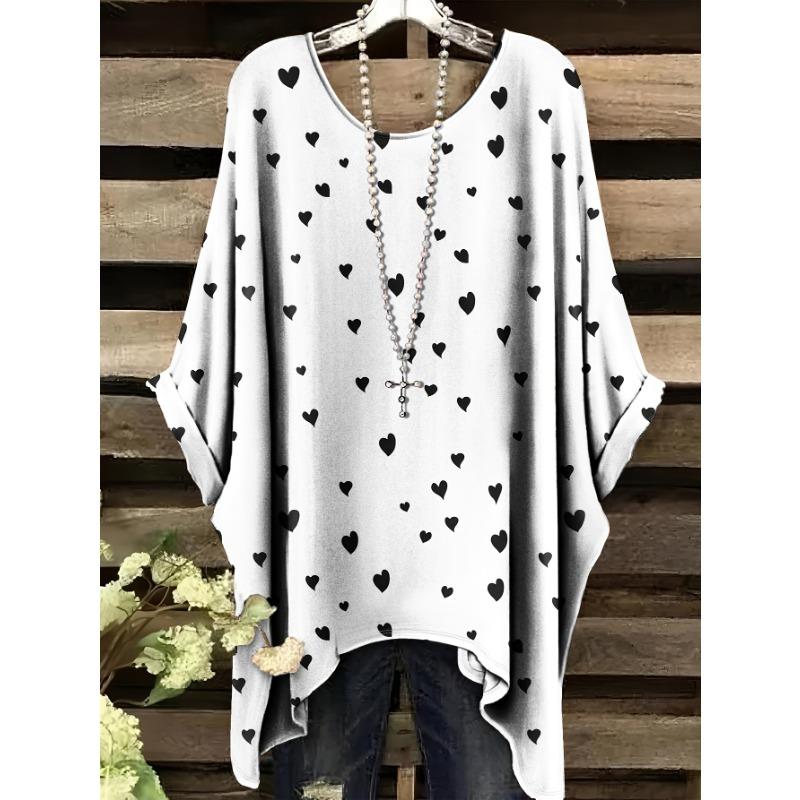 Women s Plus Size Elegant Vacation Style Simple Small Heart Pattern Printed Irregular Hem Round Neck T-shirt Fashionable and Versatile 4XL