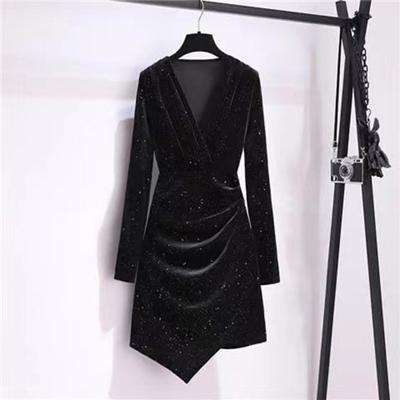 Women Short Dress V Neck Long Sleeves Pleated Pure Color Slim Fit Sheath Irregular Hem OL Commuting Party Prom Mini Dress Evening Events