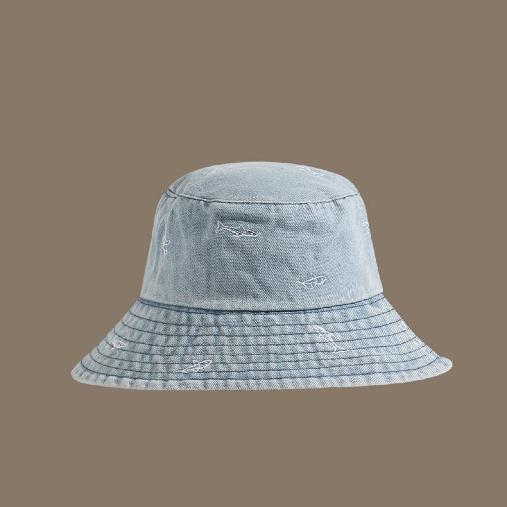 

Весенне-осенняя шляпа-ведро с солнцезащитным козырьком, простая шляпа-ведро для отдыха на природе, новая шляпа, мужская и женская джинсовая шляпа-ведро с рыбой M（56-58cm）