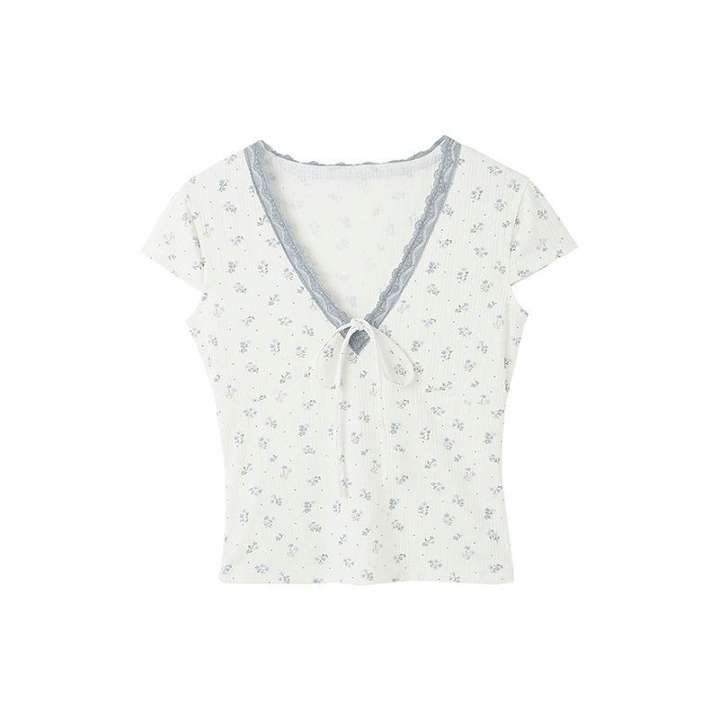American texture lace strap v-neck short-sleeved t-shirt women's summer floral full print slim-fit design Spice Girl top