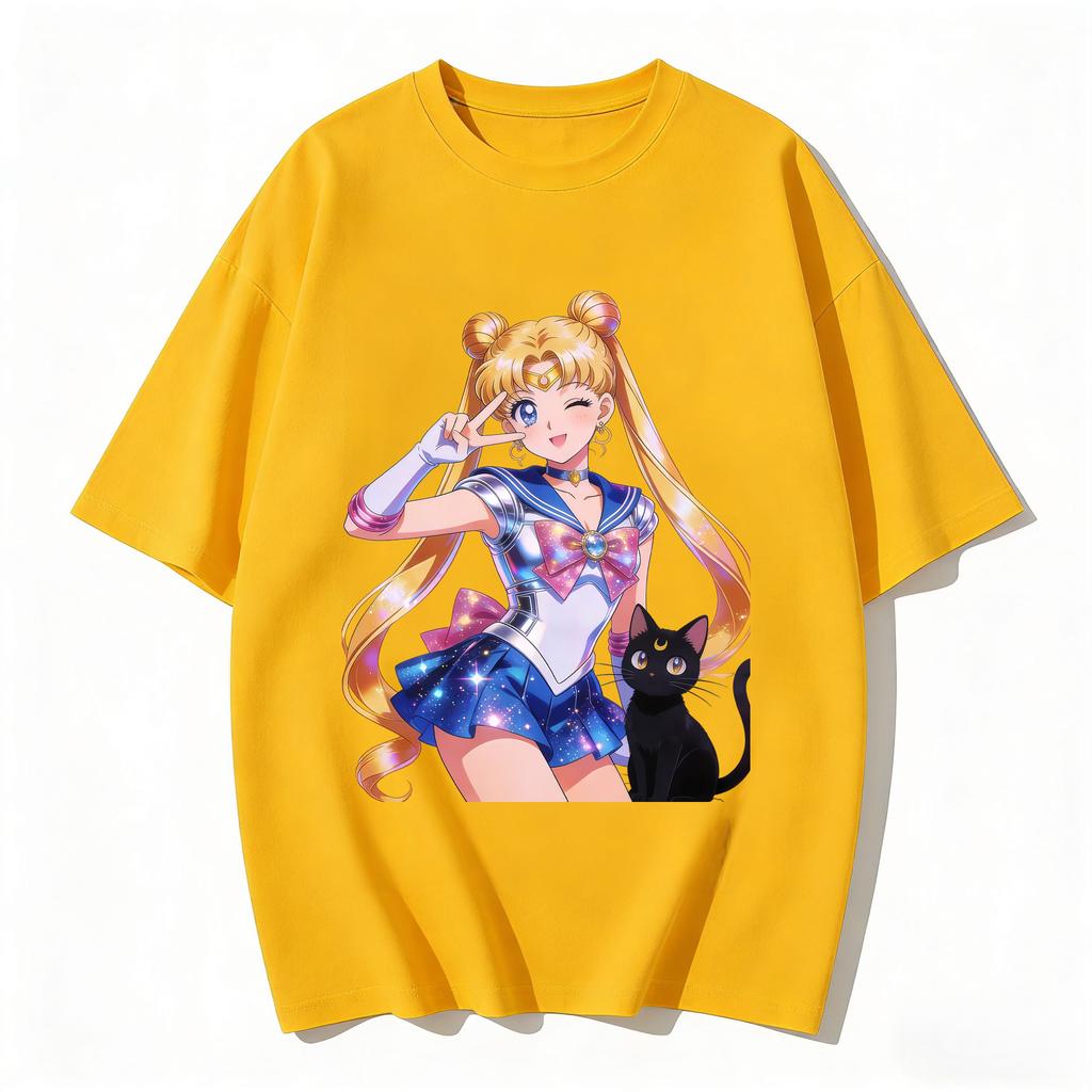 Summer  Hot Sailor Moon Tsukino Usagi  Luna Cat T-shirt Print Casual Tee Parent-child Matching Tops Versatile
