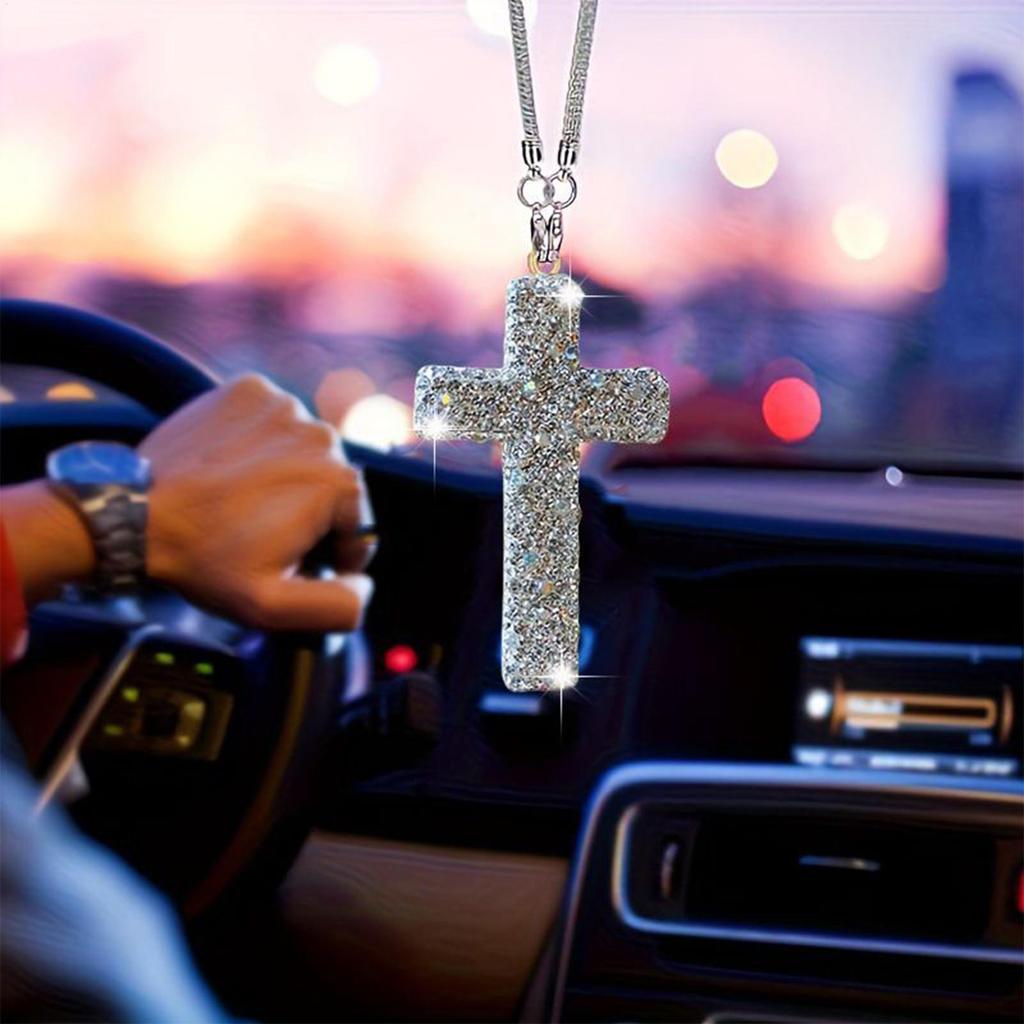 Mirror Decor For Car Cross Crystal Rhinestone For Car Mirror Hangable Christian Religious Ornament Accessories For Auto Interior