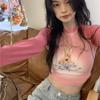 Kawaii Pink Rabbit Print Crop T Shirts Women Harajuku Sweet Cute Graphic Tops Streetwear Vintage Sexy Long Sleeve Tees