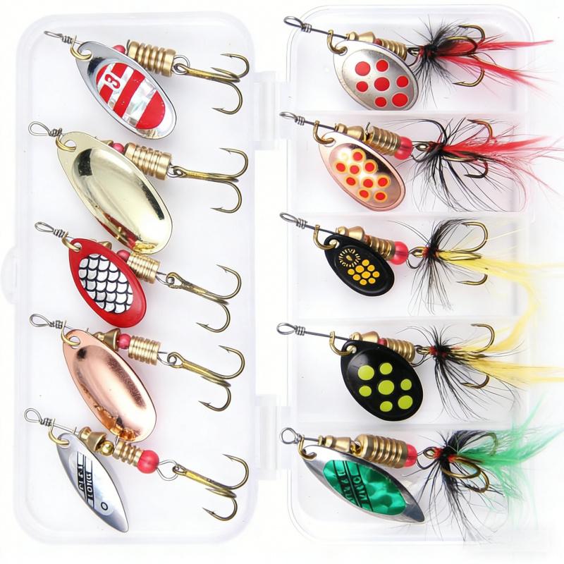 Rooster Tail Rotating Feather Fake Bait10Pieces16.5gSpoon-shaped High Carbon Steel Hook for Bass and Salmon with Storage Box10cm