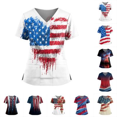 Uniforme de Manga Corta con Estampado del Día de la Independencia para Mujer, Cuello en V, Doble Bolsillo, Dobladillo con Abertura - Top para Cuidador
