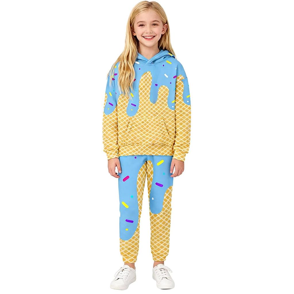 Kinder Freizeit Bedruckter Pullover Langarm Kapuzen-Sweatshirt und Hosen Set