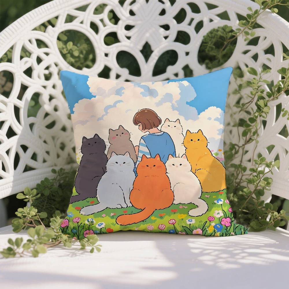 

Cartoon Cute Cat Picture With Fresh Pillow Case Anti-dustmite Pillowcase Invisible Zipper Silky Short Plush Sofa Cushion Cover 12x12Inch