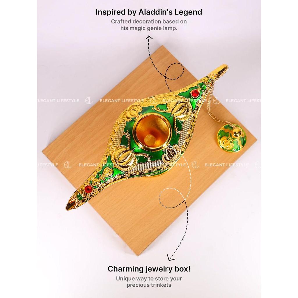 Vintage Aladdin Chirag Lamp-Luxurious Metal Jewelry Box,Decorative Showpiece,Home & Office-12 cm(Gold-Green)
