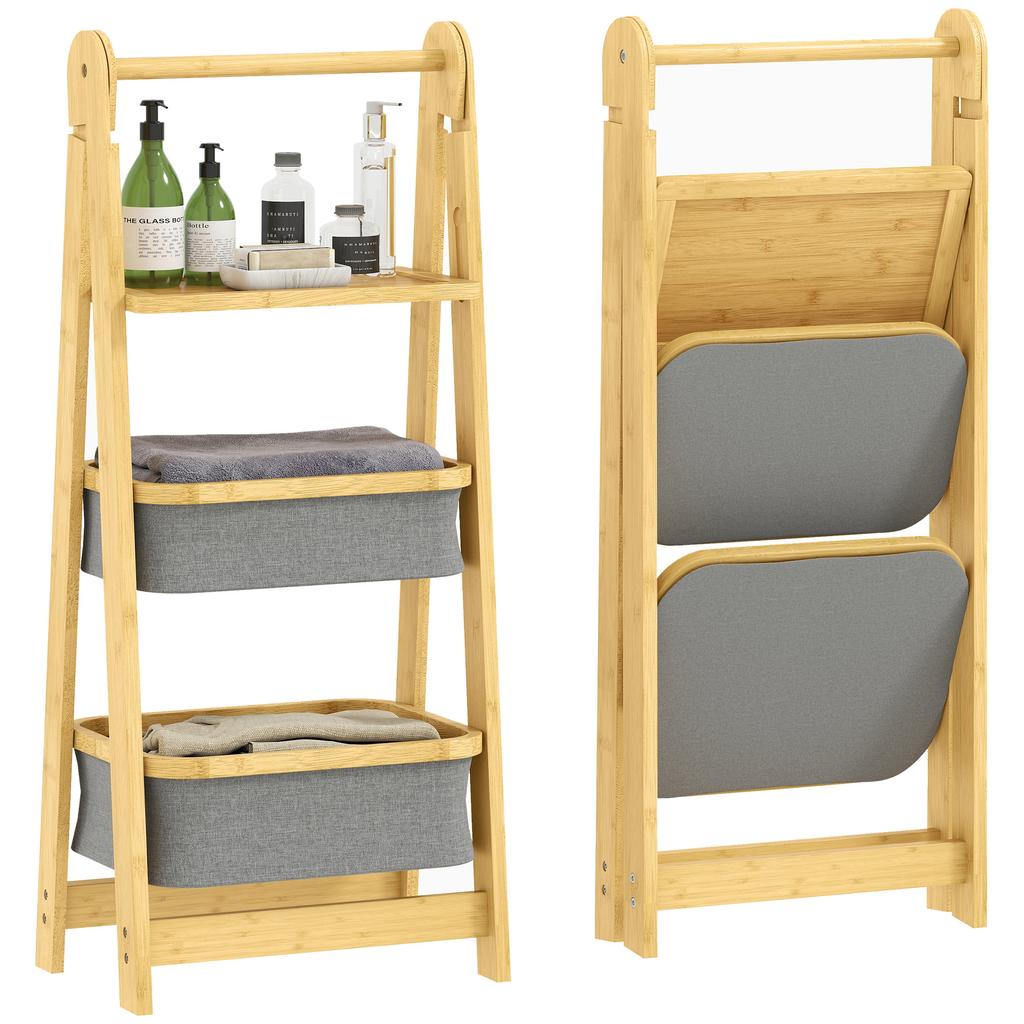 Folding Bamboo Bathroom Shelf with 2 Laundry Baskets Open Shelf Grey