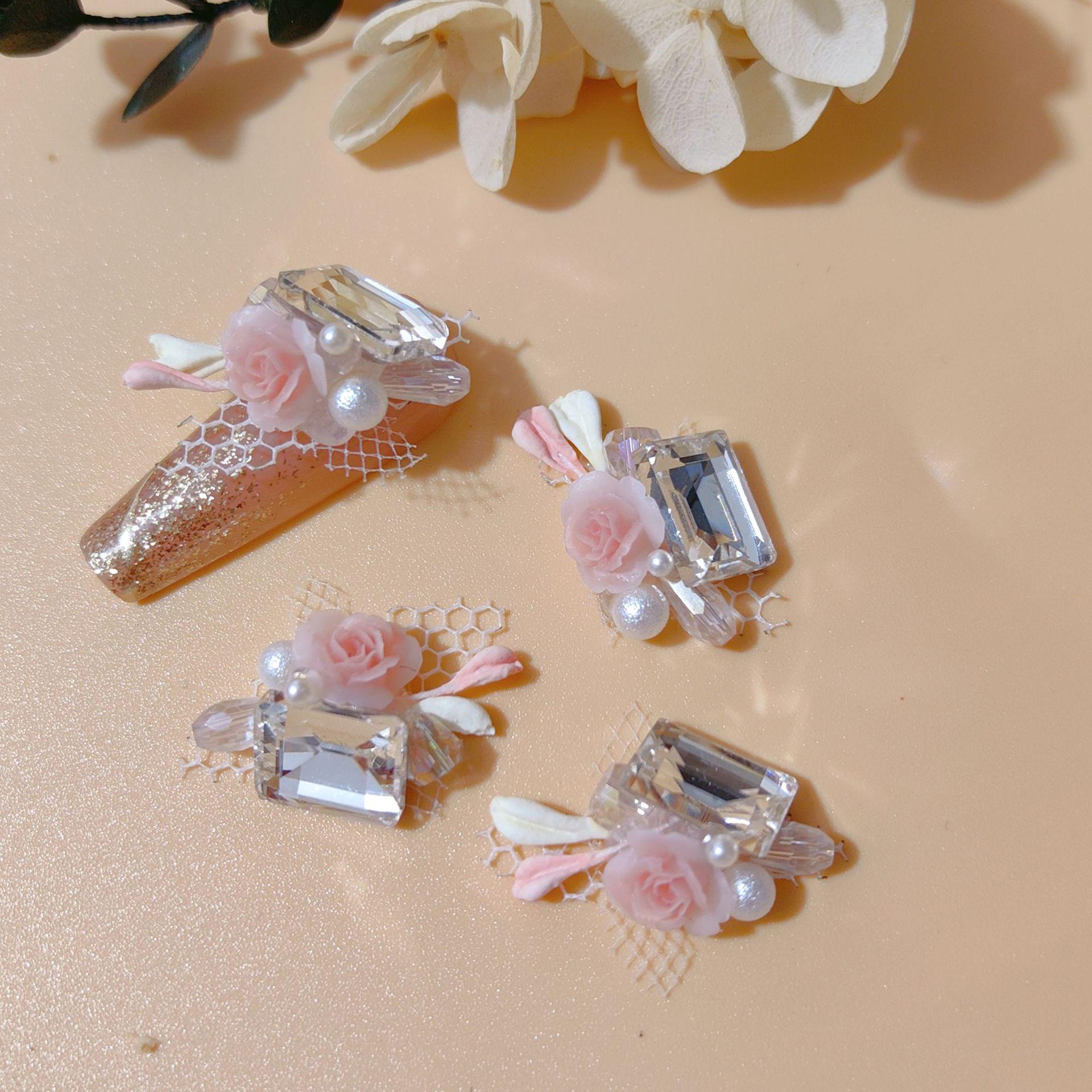 Lace Camellia Rhinestone Nail Art: Rock Candy Dove Egg Bloom with Hand-Stacked Rhinestone Balls and Large Decorations
