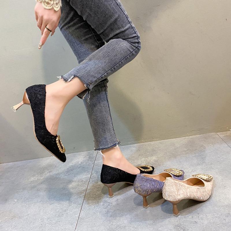 Temperament pointed high heels women's autumn new fashion pleated square buckle shallow mouth stiletto shoes