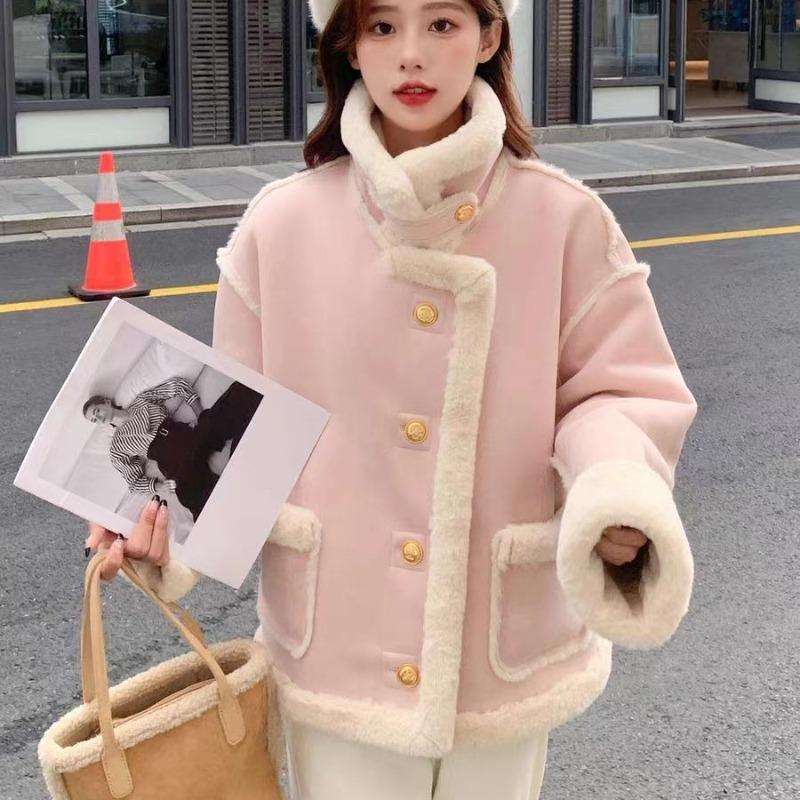 Women Thickened Loose Cashmere Patchwork Jacket Winter Solid Color Long Sleeve Warm Casual Coat Single Breasted Outerwear