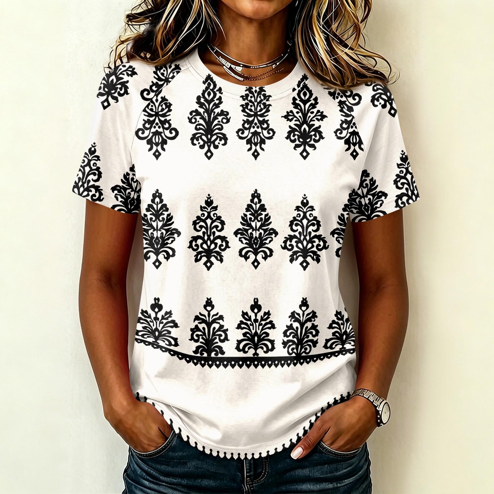 Women s Fashion Short Sleeve Raglan T-Shirt, Round Neck, Geometric Print, Casual Top M