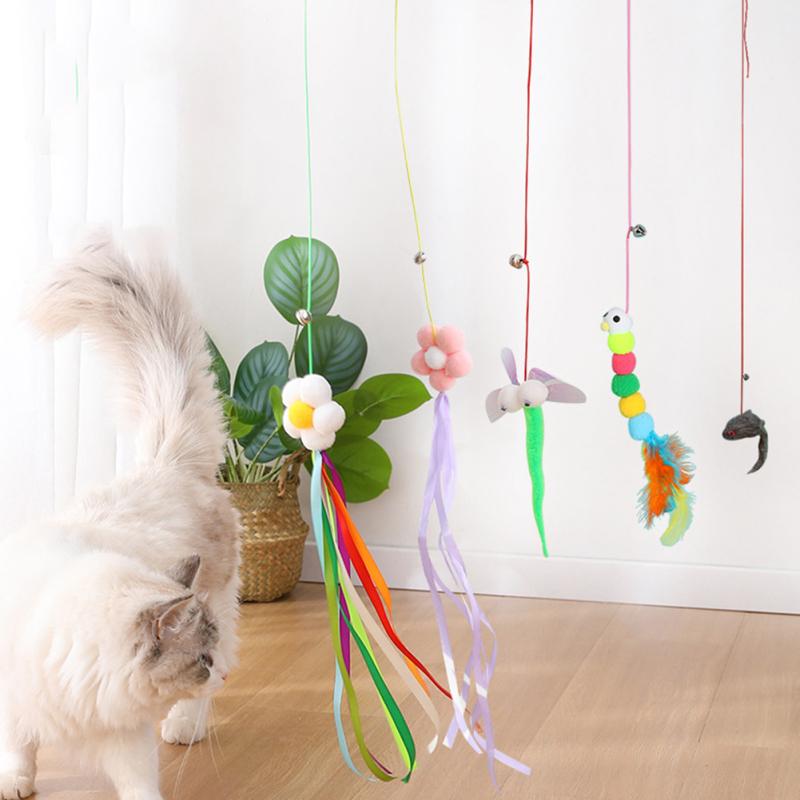 Pet Cat Plush Teaser Stick Hanging Door Elastic Rope Play Chase Exercise Toy With Bells For Indoor