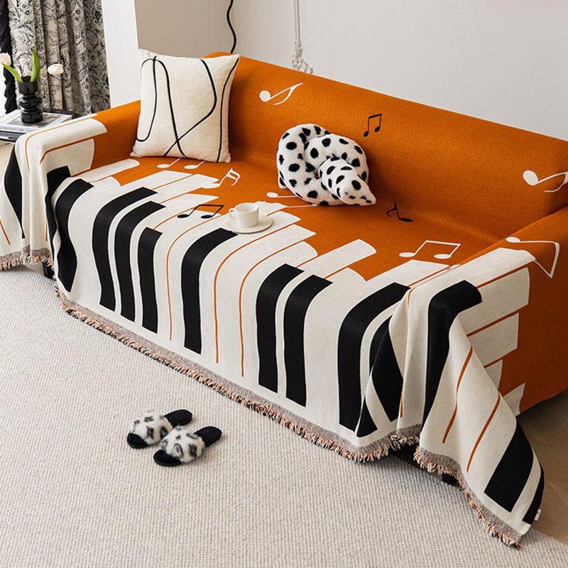 Chenille Piano Pattern Printed Sofa Cover Soft Anti Cat Scratch Dust Cover for All Seasons Double Face Usable Fringed Sofa Pad 180x130cm