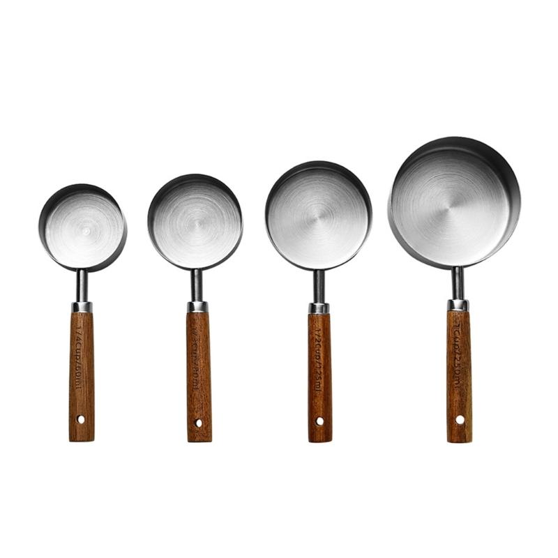 Set of 4 Baking Tool Set Stainless Steel Measuring Cups Measuring Spoons Wood Handle Kitchenwares for Baking Cooking