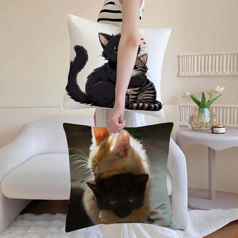 L-Little Black Cat Couple Pillow Cute Cushion Cover Daily Washable Linen Pillowcase Soft For Sofa Bed Home Room Decor