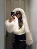 European and American Faux Fur Hooded Patchwork Coat with Faux Fox Fur, Long Sleeves - Women's Short Style.