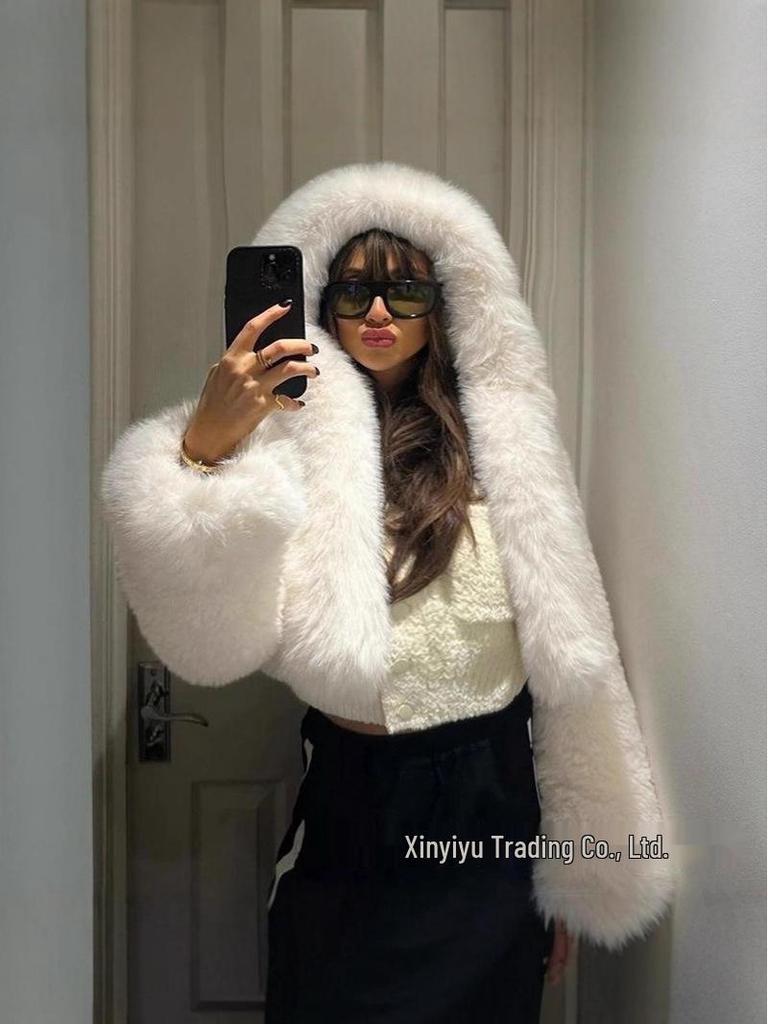 European and American Faux Fur Hooded Patchwork Coat with Faux Fox Fur, Long Sleeves - Women's Short Style.