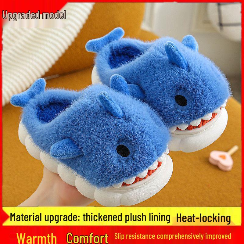 Children's Cartoon Shark Cotton Slippers - Non-Slip, Thick-Soled, Warm, Indoor Shoes for Boys