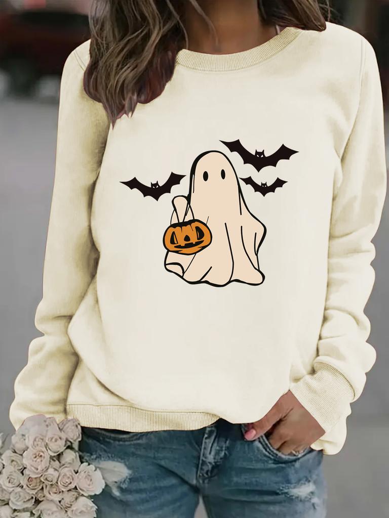 European and American Halloween Casual Long Sleeve Crew Neck Cartoon Ghost Print Pullover Sweatshirt Sweater