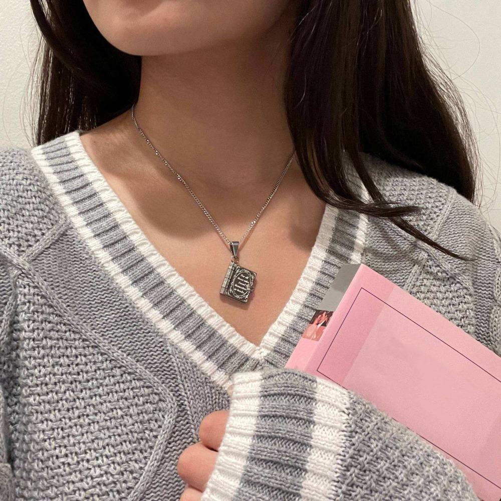 Metal Women's Sweater Chain Stainless Steel Lovers Choker Necklace Book Pendant Necklace  Gift