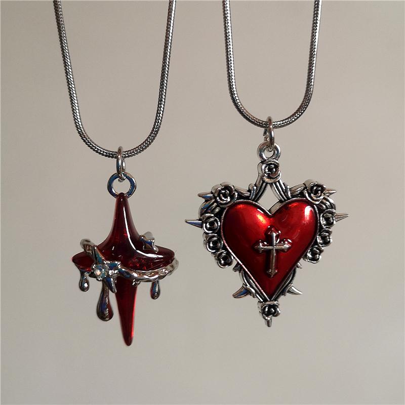 Gothic Trendy Y2K Red  Heart Cross StarPendent Snake Chain Choker Necklace For Women Men Punk Vintage Grunge Aesthetic Jewelry