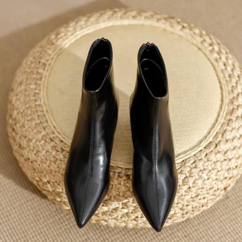 Soft Leather Pointed Short Boots Women's New Spring and Autumn Single Boots Thick Heel Medium Heel Thin Autumn High Heel Boots Bare Boots