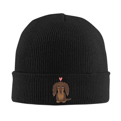 Cute Dog Longhaired Chocolate Dachshund  Wiener Dog with Heart Warm Knitted Cap Winter Knit Bonnet Hat Skullies Beanies Caps