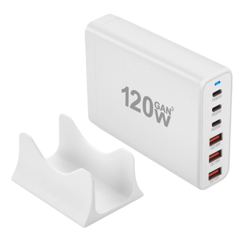 Portable 120W USB Charging Station with 6 Port, 3 Type C PD and 3 USB A for Phones Tablets Simultaneous Device Charging
