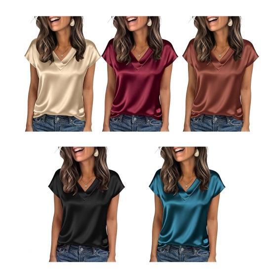 Women Tops Loose Fit Summer Blouse V-Neck Short Sleeve Smooth Satin Soft Stretchy Pullover