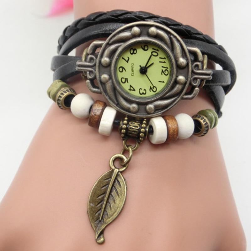 Vintage Blattuhr, Handgeflochtene Bronze Vielseitige Vintage Leder Damen Armbanduhr 795