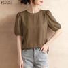 ZANZEA Lässige Bluse mit Rundhalsausschnitt, einfarbig, locker und kurzärmelig für Damen