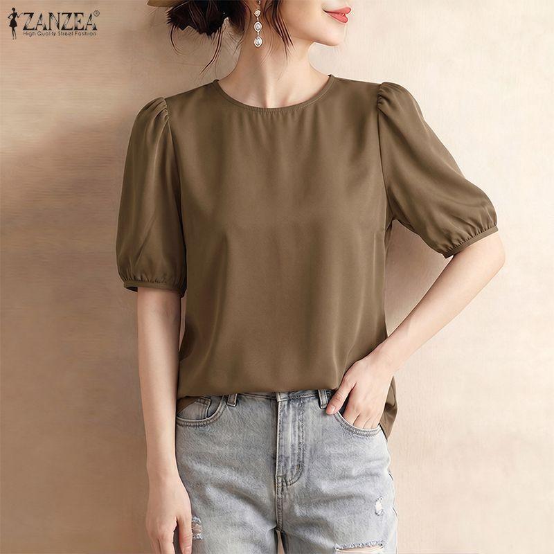 ZANZEA Lässige Bluse mit Rundhalsausschnitt, einfarbig, locker und kurzärmelig für Damen