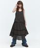 Some Place Check Mix Lace Voluminous Flare Tiered Shirred Sleeveless Layered Long Dress [Brown]