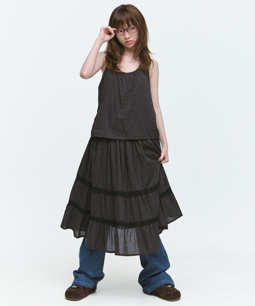 Some Place Check Mix Lace Voluminous Flare Tiered Shirred Sleeveless Layered Long Dress [Brown]