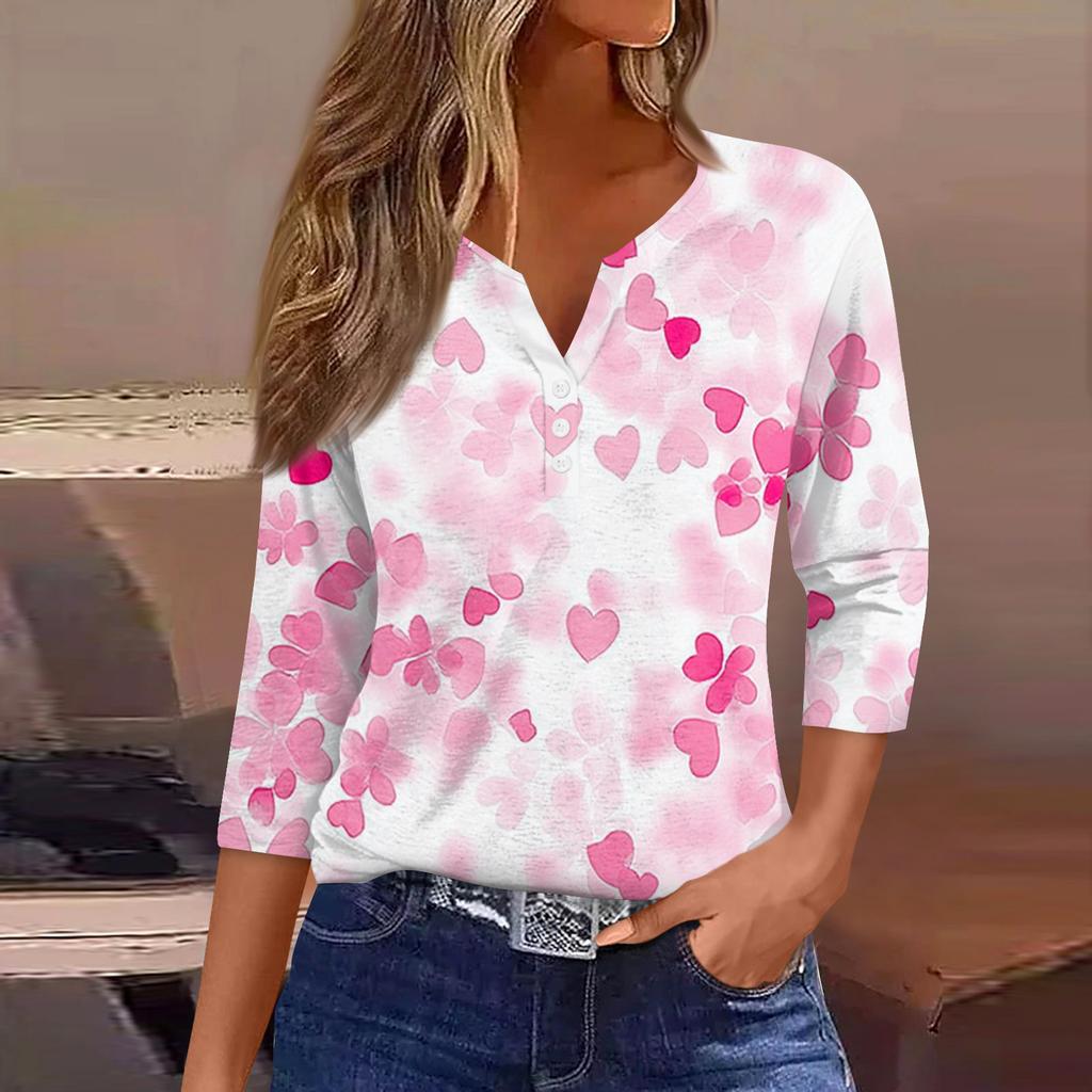 Camiseta feminina com estampa de botão, manga 3/4, moda diária de fim de semana, básica, decote em V, top regular